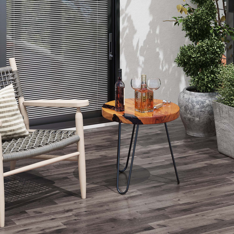 20" Round Teak Wood End Table Solid Live Edge Outdoor Side Table With Metal Frame