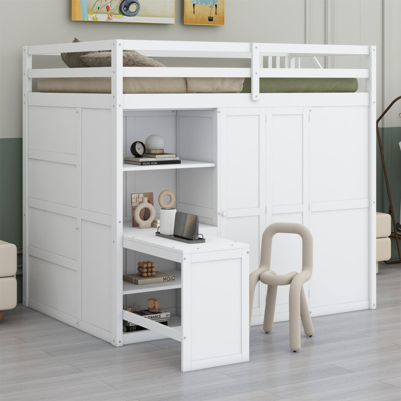 Lit mezzanine avec garde-robe, bureau et tablettes, Blanc