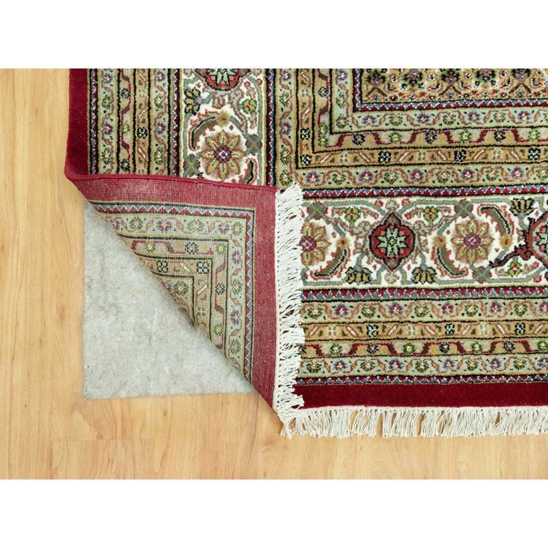 10'x14'3" Crabby Apple Red Shiny Wool Tabriz with Hand Knotted All Over Mahi Design Rug
