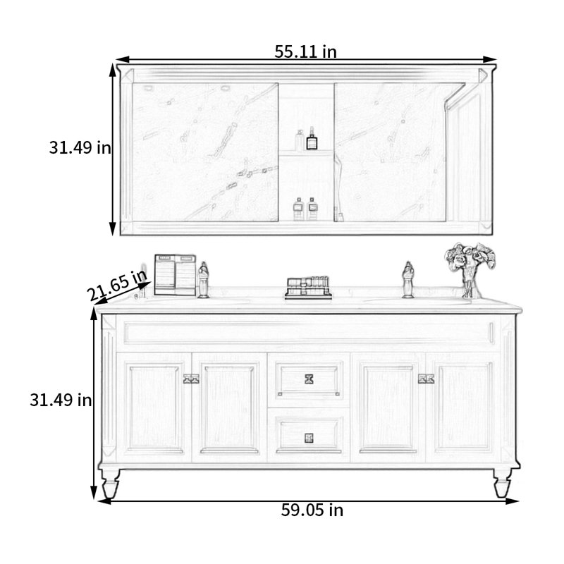 American solid wood bathroom cabinet, 31.49" H x 59.05" W x 21.65" D 