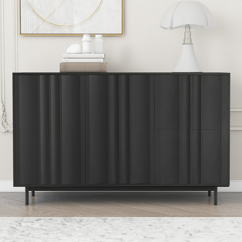 Versatile Wave Pattern Storage Cabinet with Multiple Compartments for Various Rooms, Black