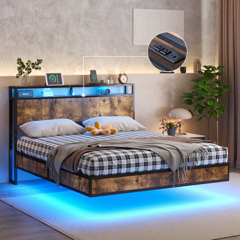 Queen Rustic Brown Wood Floating Bed Frame with LED Lights and USB Ports