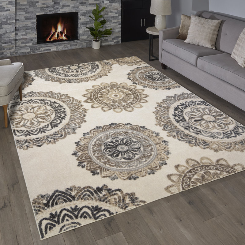 Tapis d'intérieur ivoire / brun à médaillon flottant rond Banda Frida, Rectangle 8 pi 9 po x 13 pi 1 po