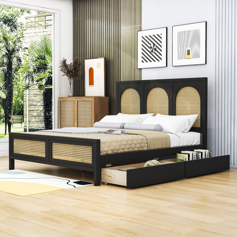 Lit plateforme double en bois avec tête de lit en rotin 2 tiroirs, Complète, Noir