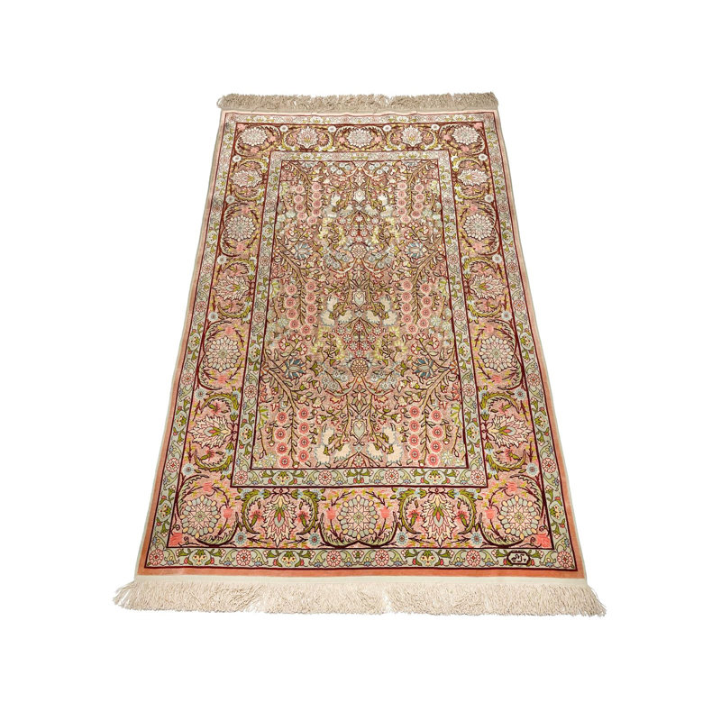Tapis turc ivoire et rouge en soie 3x5