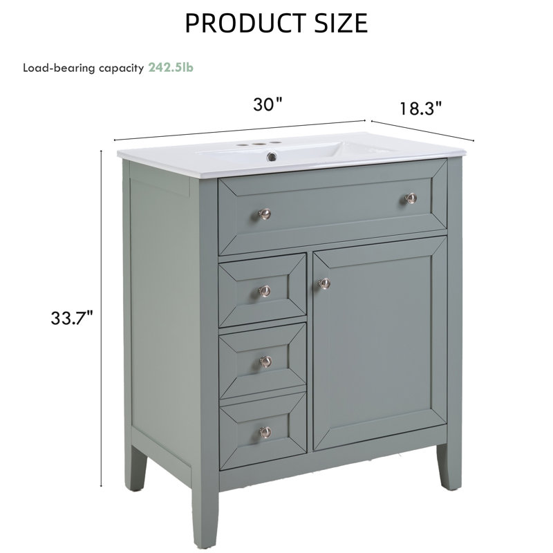 Convertible Solid Wood Vanity Set - Ceramic Sink With Adjustable Shelf, 12" Soft-close Slides & Flip Bin, Grey Elegant Style