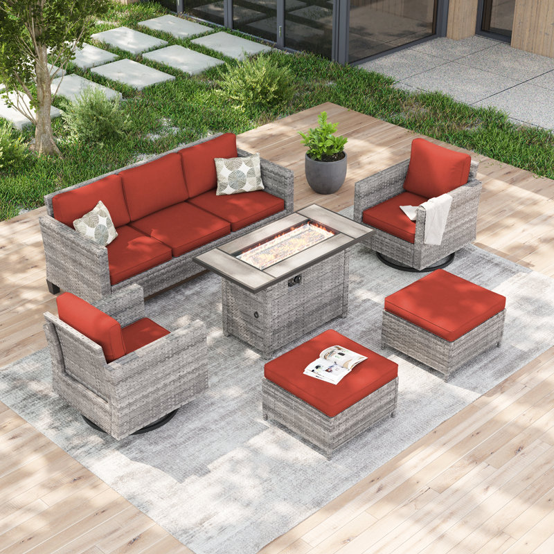 Ensemble de canapés de patio 6 pièces avec table de foyer 45 po, chaises berçantes pivotantes en osier de rotin PE pour patio, terrasse et cour
