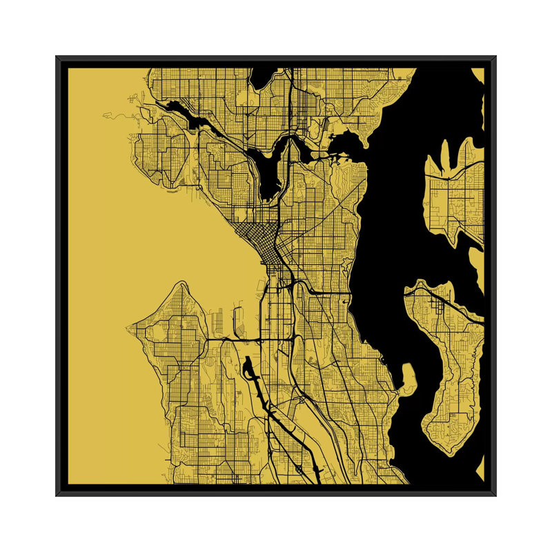 « seattle routes », impression sur toile tendue, H 18 po x l 18 po x P 1,5 po, Toile avec cadre noir, Pas de tapis