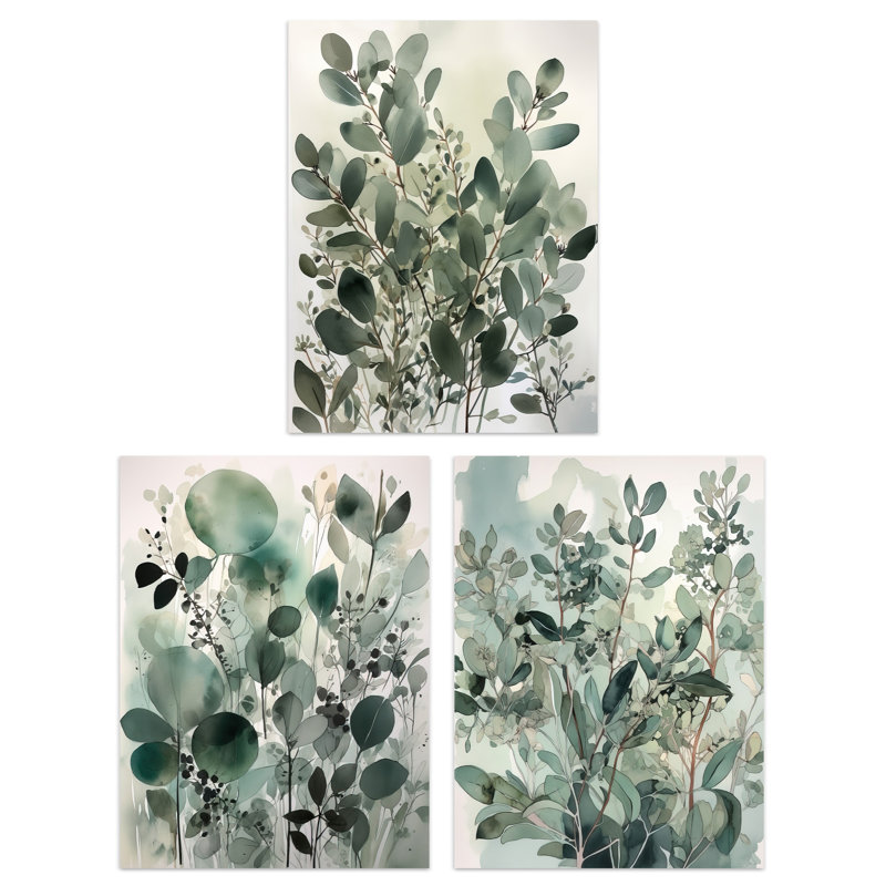 Botanical Plants Sage Green Eucalyptus Leaves - 3 Piece No Frame Print Set, 40.5cm H x 30.5cm W x 0.3cm D