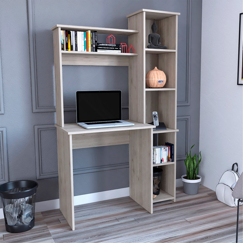 Writing Desk with 2 Shelves & 5 Cubbies, Beige, 17.8" H x 38.7" W x 17.8" D, Beige