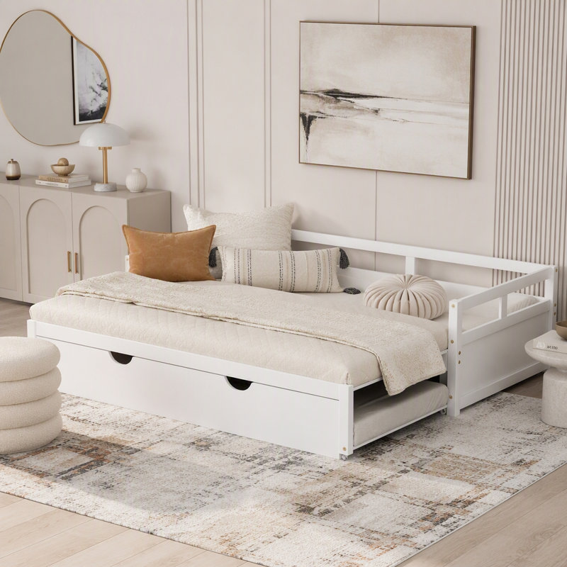 Lit de jour extensible avec couchette, lit de jour en bois avec couchette, Blanc