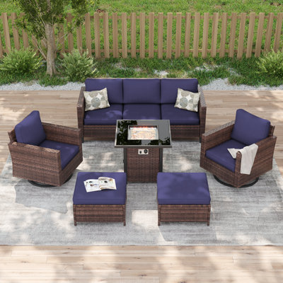 Ensemble de canapés de patio 6 pièces avec table de foyer 28 po, chaises berçantes pivotantes en osier de rotin PE pour patio, terrasse et cour