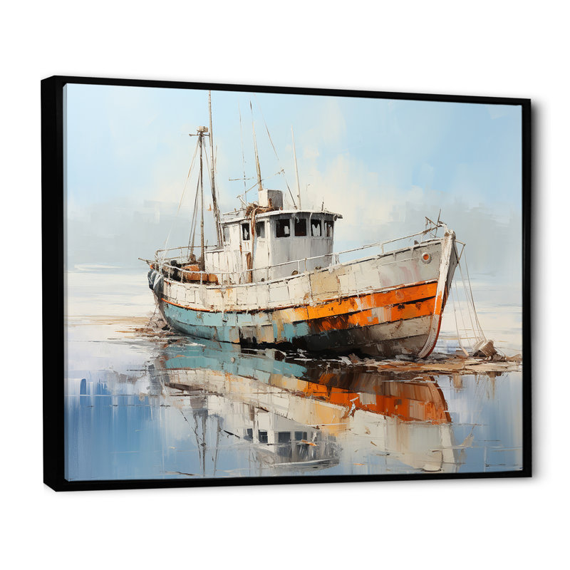 Bateau de pêche au port III - art mural bateau côtier, H 16 po x l 32 po x P 1 po, Cadre flottant noir