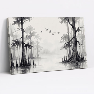 Tableau sur toile représentant des cyprès noirs et blancs et des oiseaux en vol