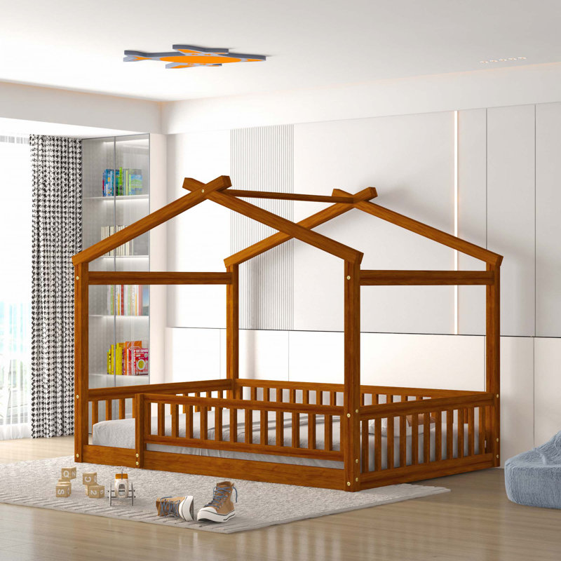 Structure de lit en bois avec clôture, Noyer, Double