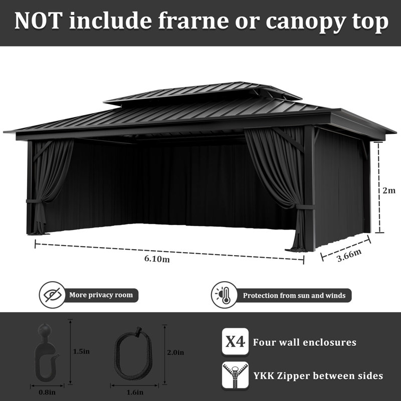 Rideaux à 4 panneaux latéraux pour pavillon de jardin, seulement rideaux, H 78,74 po x l 240 po x P 144 po, Noir