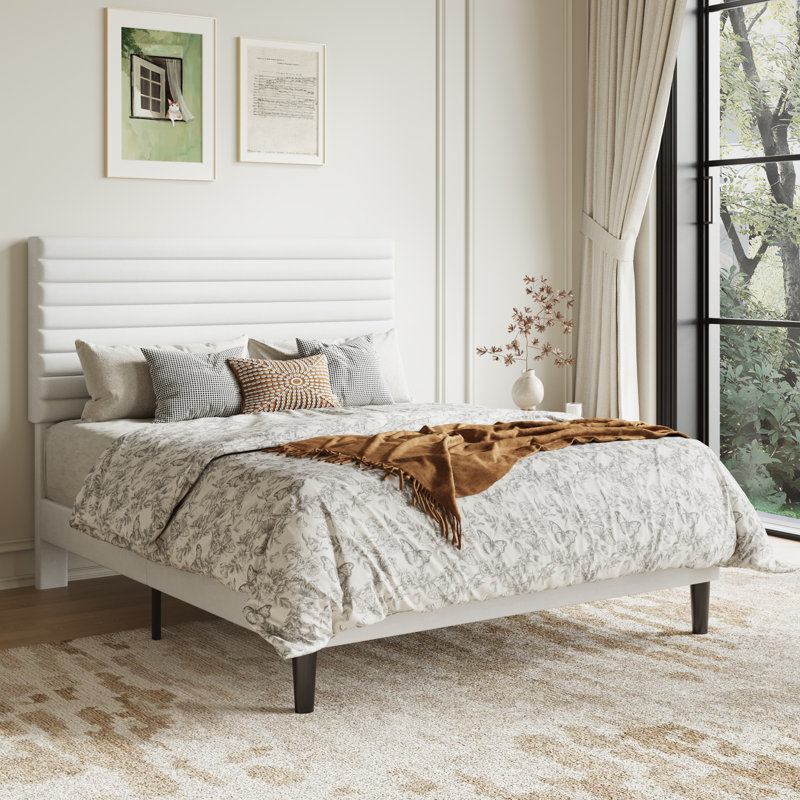 Modern Velvet Upholstered Bed Frame With Adjustable Headboard, Full Size, Queen Size, King Size, No Box Spring Needed, Full