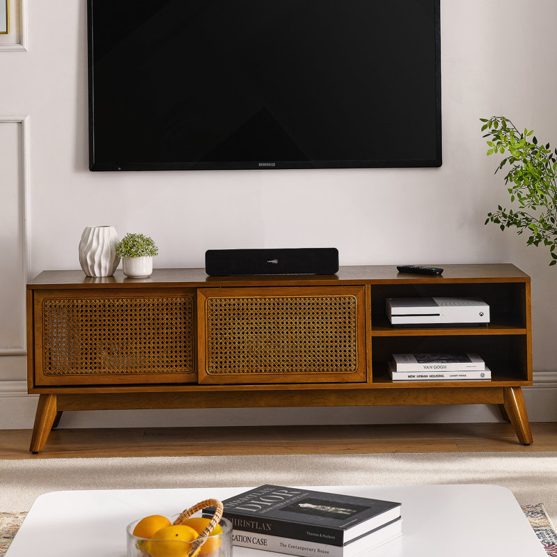 Meuble télé 59 po Mid-Century Rattan Modern, Brun