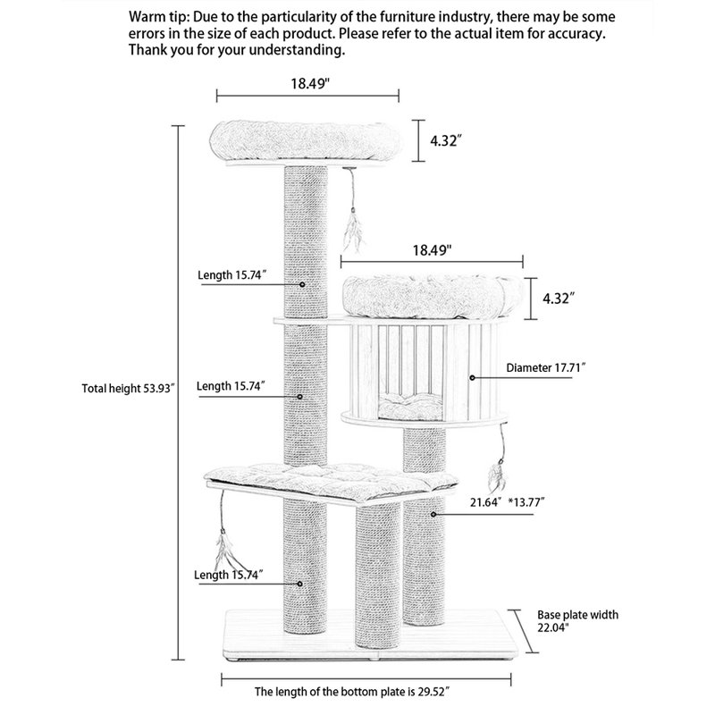 Structure d'escalade pour chat en sisal massif de 54,33 pouces gris moyen