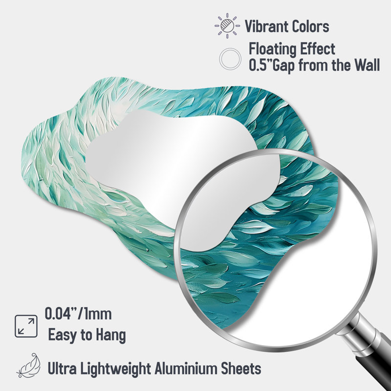 Green Turquoise Boho Feather Wave - Feathers 3D Shapes Irregular Modern Large Wall Mirror, 25" x 28"