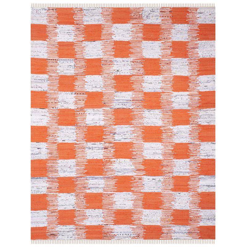 Tapis orange / gris en coton tissé à plat à la main Opie Ikat, Rectangle 8 pi x 10 pi