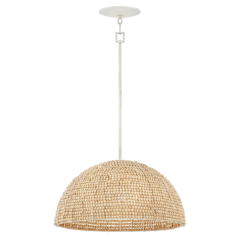 Textured Plaster LED Pendant with Wooden Bead Dome Shade