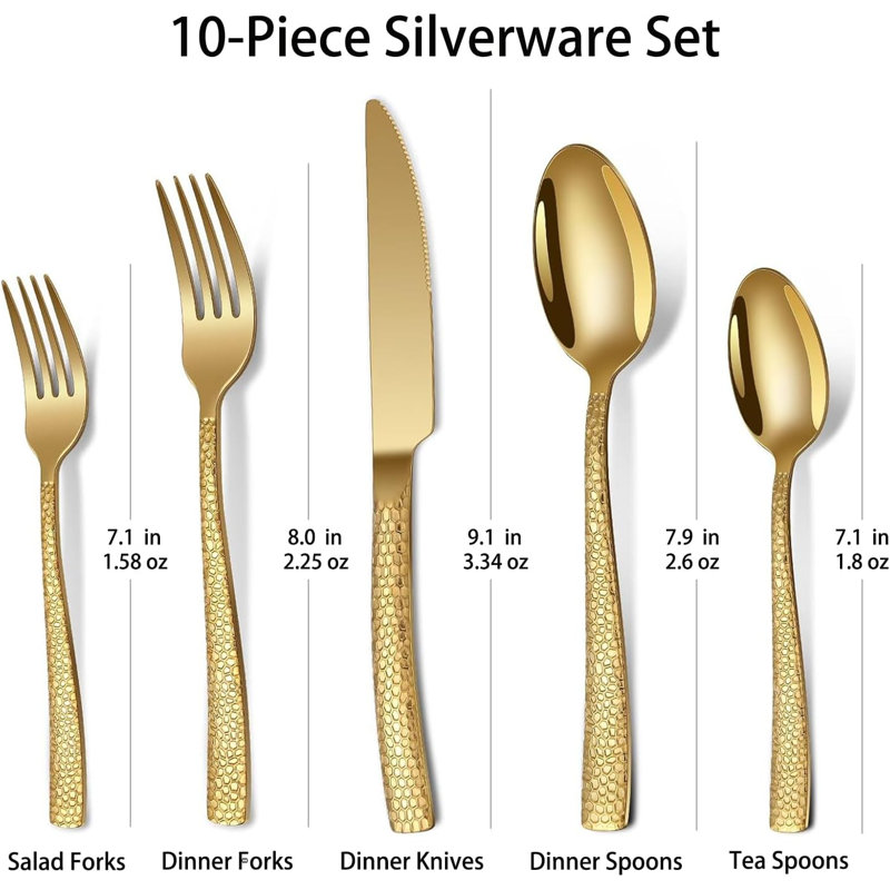 Ensemble de couverts de luxe en acier inoxydable martelé pour 2, ensemble de couverts 10 pièces poli miroir avec cuillères, fourchettes et couteaux, argent doré lavable au lave-vaisselle pour la salle à manger, la cuisine et les réceptions