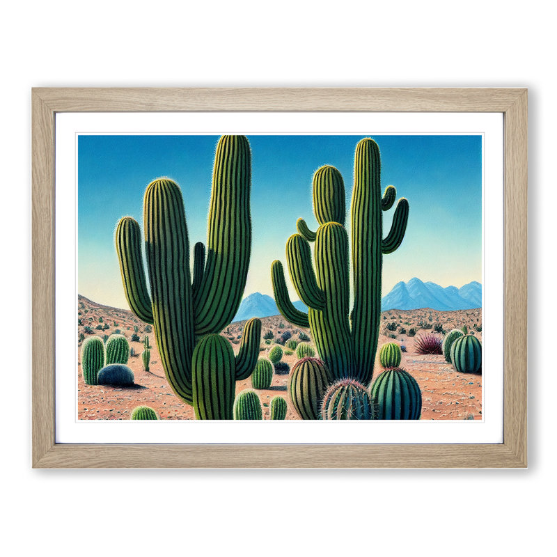 Desert Cactus 1 Piece Single Picture Frame Wall Art, 46cm H x 64cm W x 2cm D, Oak