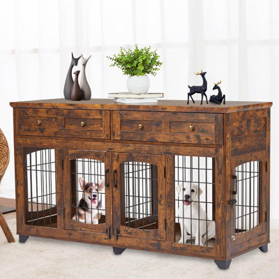 2 Rooms Dog Crate Furniture for Big Breed,58" Wooden Dog Crate Table with 2 Drawers,Indoor Dog Kennel,Dog House,Dog Cage,TV Stand (gray)