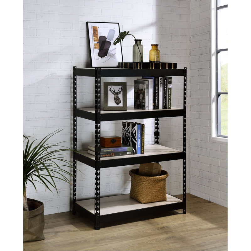 Bibliothèque au fini naturel et noir, cadre rectangulaire à 4 niveaux avec structure en métal et tablettes réglables, présentoir industriel, tablettes ouvertes