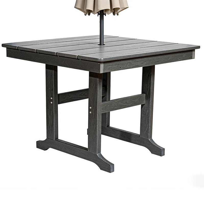 Weather Resistant Outdoor Patio Dining Table, Modern Grey Hdpe Construction With Umbrella Hole For Lawn, Yard And Patio Use