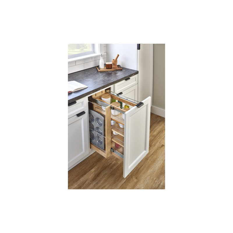 Light Brown Wood and Chrome Base Cabinet Pullout Organizer