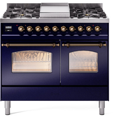 Cuisinière à double combustible ILVE Nostalgie II Series 40 po avec 6 brûleurs scellés et plaque de cuisson (gaz naturel, porte vitrée)