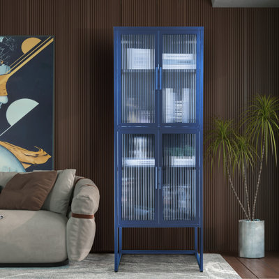 Armoire à 4 portes en verre trempé avec 4 portes en verre et tablettes réglables Pieds en U anti-basculement Crédence de cuisine en verre cannelé Armoire de salon