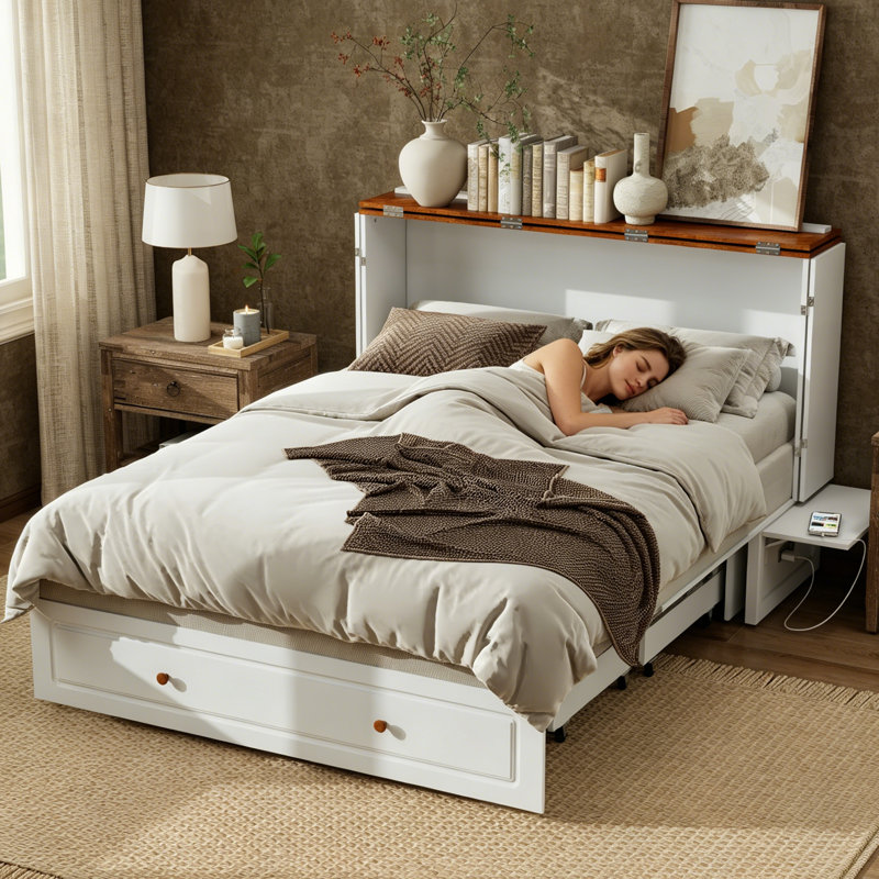Queen Murphy Bed with Charging Station Cabinet - Space Saving Wall Bed for Guest Room, Study, Apartment with Built In USB Ports ( Included Mattress) White