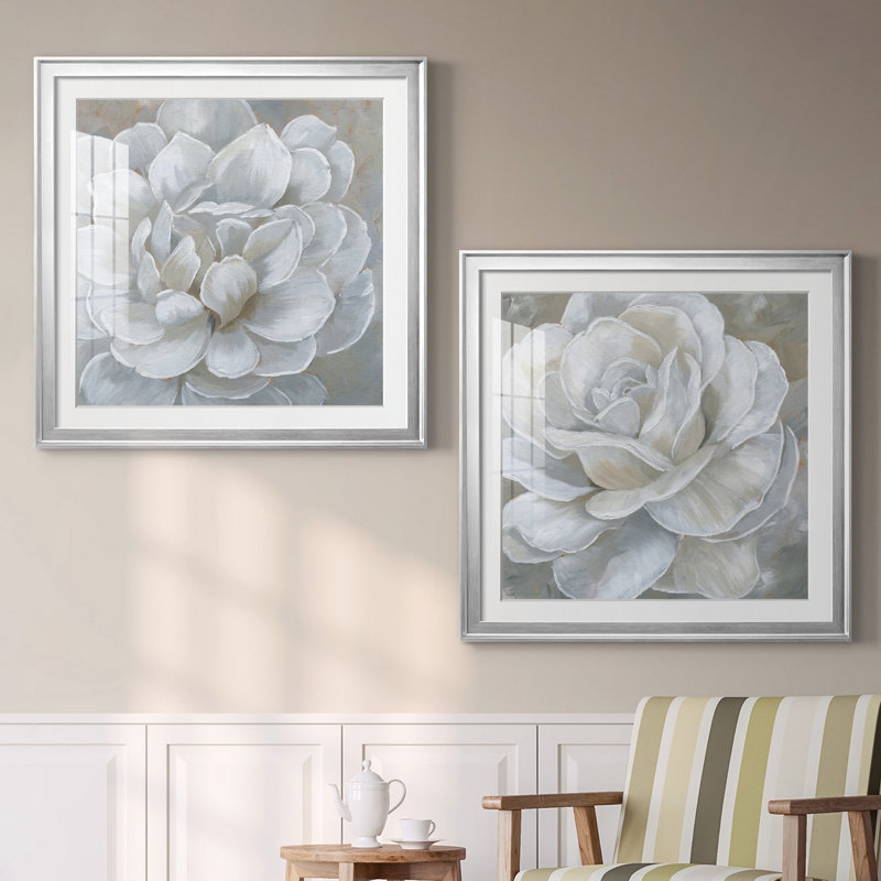 «Bombshell Bloom I», ensemble de 2 reproductions d'art sur toiles, H 26,5 po x l 53 po, Papier encadré noir, Argent argent