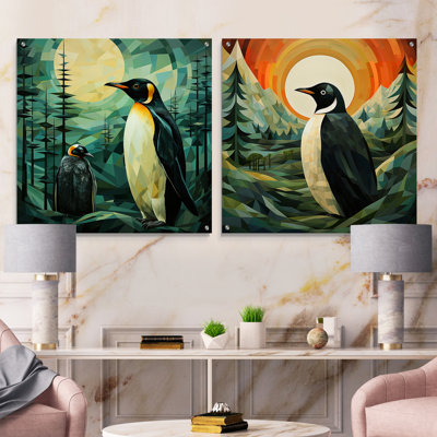 Forêt de pingouins au coucher du soleil - Ensemble de 2 art mural en verre acrylique pingouin