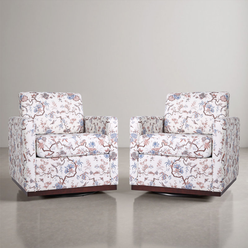 Modern Upholstered Floral Birds Square Swivel Armchair with Matel Base (Set of 2), Floral Birds Cotton Blend