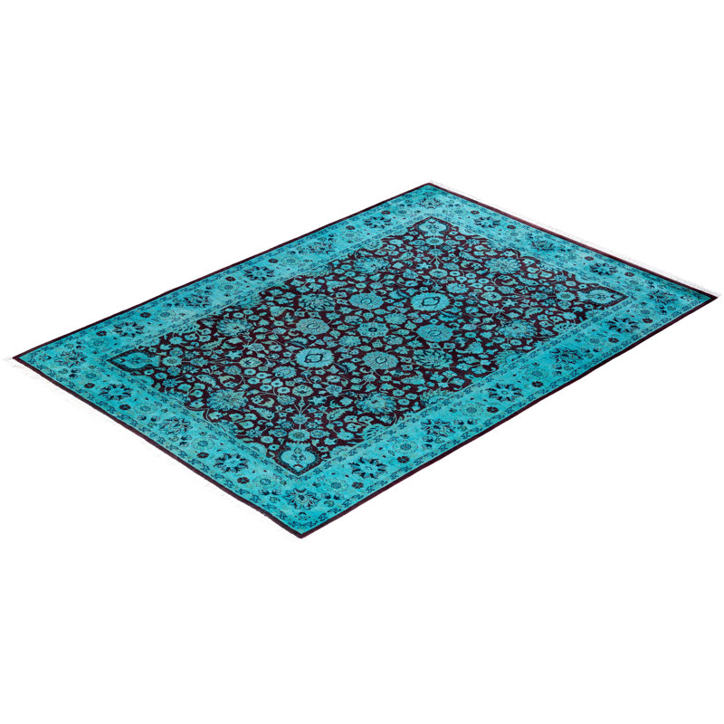 Tapis unique noué à la main Fine Vibrance - bleu, 4 pi 2 po x 6 pi 3 po