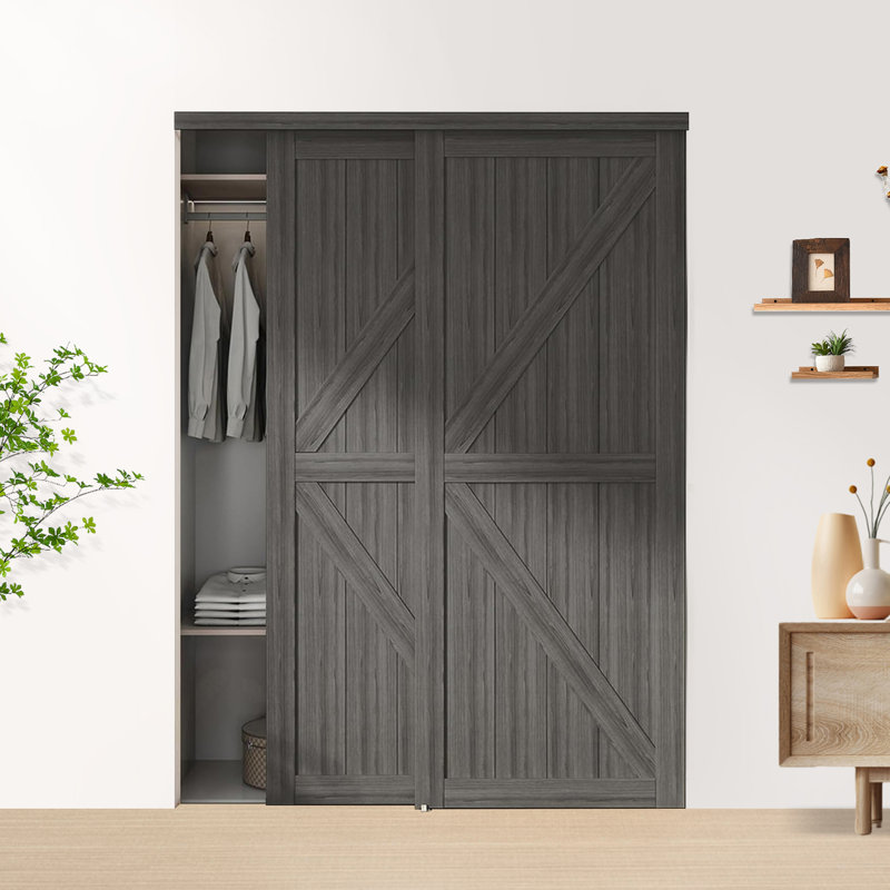 Portes coulissantes en bois manufacturé en forme de K avec trousse de quincaillerie d'installation, 60 po x 80 po, Gris