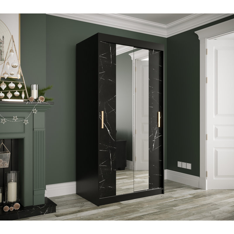 Crestone 2 Door Manufactured Wood Wardrobe, Black Matt/Black Marble, 200cm H x 100cm W x 62cm D