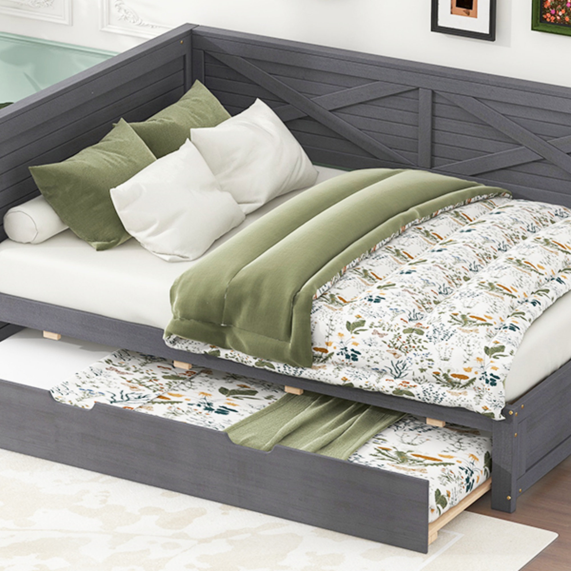 Gracie Oaks Twin Size Wood Daybed With Trundle And Rustic Guardrail ...
