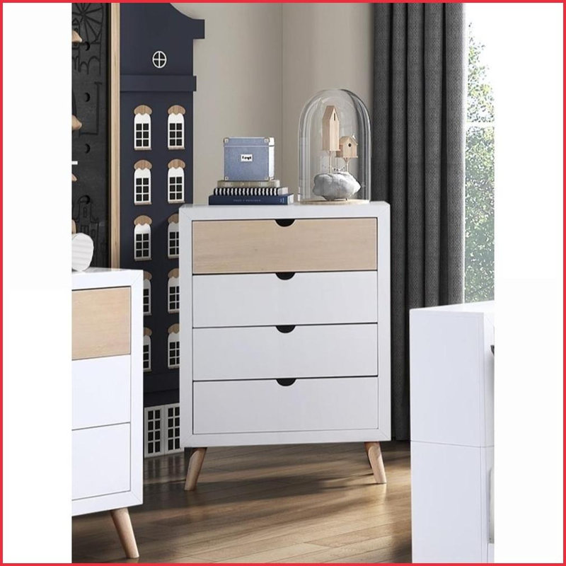 Commodes et amp; Armoire-penderie, commode de rangement moderne à 4 tiroirs Mid-Century | Blanc et blanc Naturel | Bois