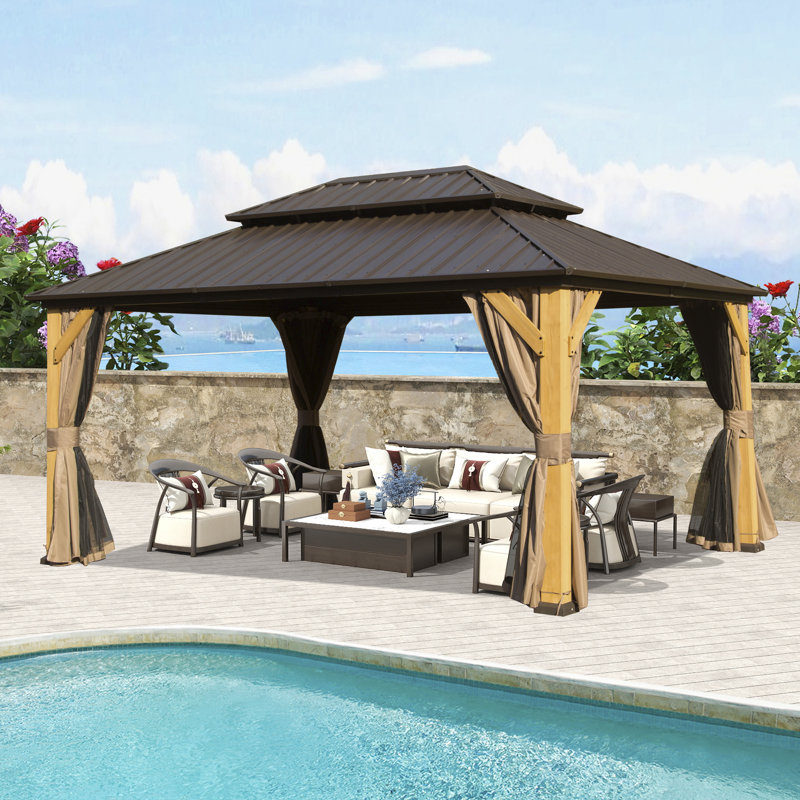 Solid Wood Post Patio Gazebo with Metal Frame, 13.88 ft x 9.78 ft