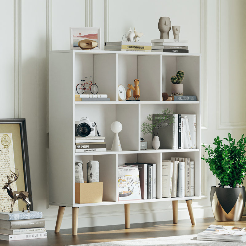Jaen Solid and Manufactured Wood Cube Bookcase, (8 Shelves) 42.5" H x 47.2" W x 9.4" D, Grand White