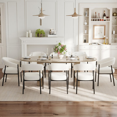 Ensemble de salle à manger rectangulaire rectangulaire avec fauteuil, table de salle à manger en bois avec base à double piédestal et chaises en chenille avec pieds en métal pour la salle à manger