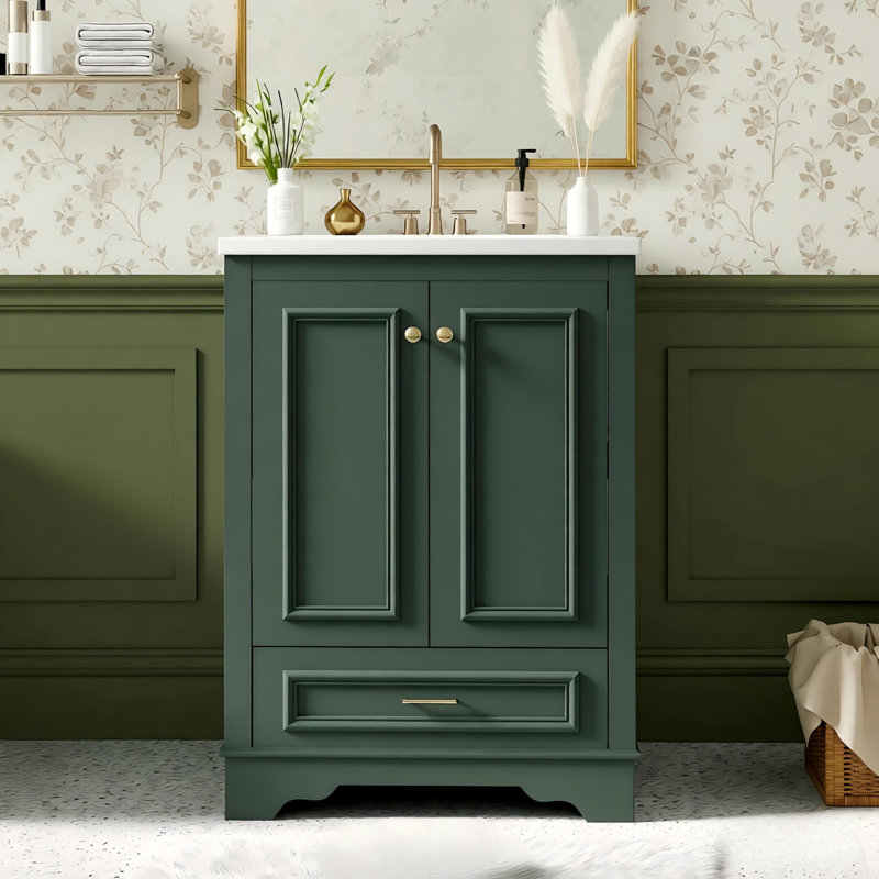 24'' Bathroom Vanity with Ceramic Sink Combo, Modern Freestanding Storage Cabinet with Silver Handles, Soft Closing Doors