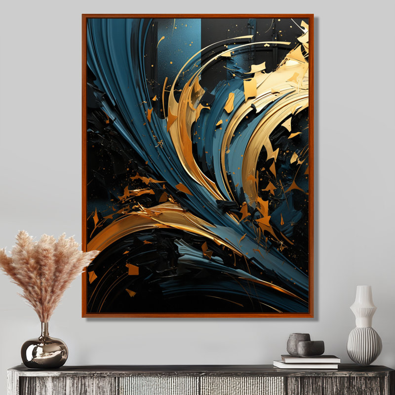 Décoration murale dorée, soleil liquide sur II - vagues, Toile avec cadre flottant or, H 32 po x l 24 po x P 1 po