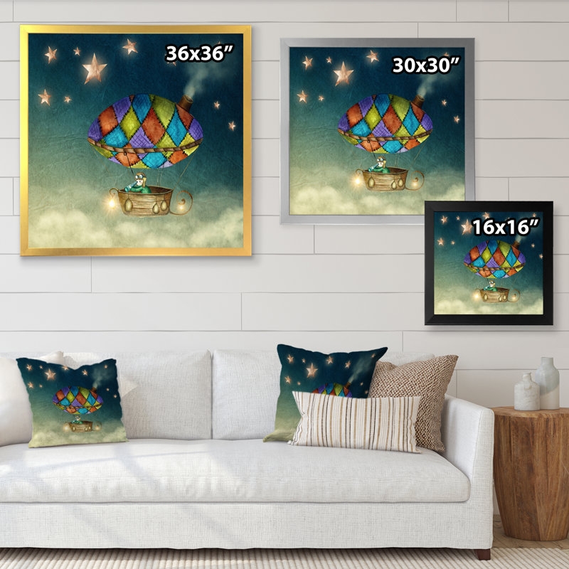 «Hot Air Balloon In Starry Sky», impression sur toile, H 30 po x l 30 po x P 1 po, Cadre doré à coins fermés