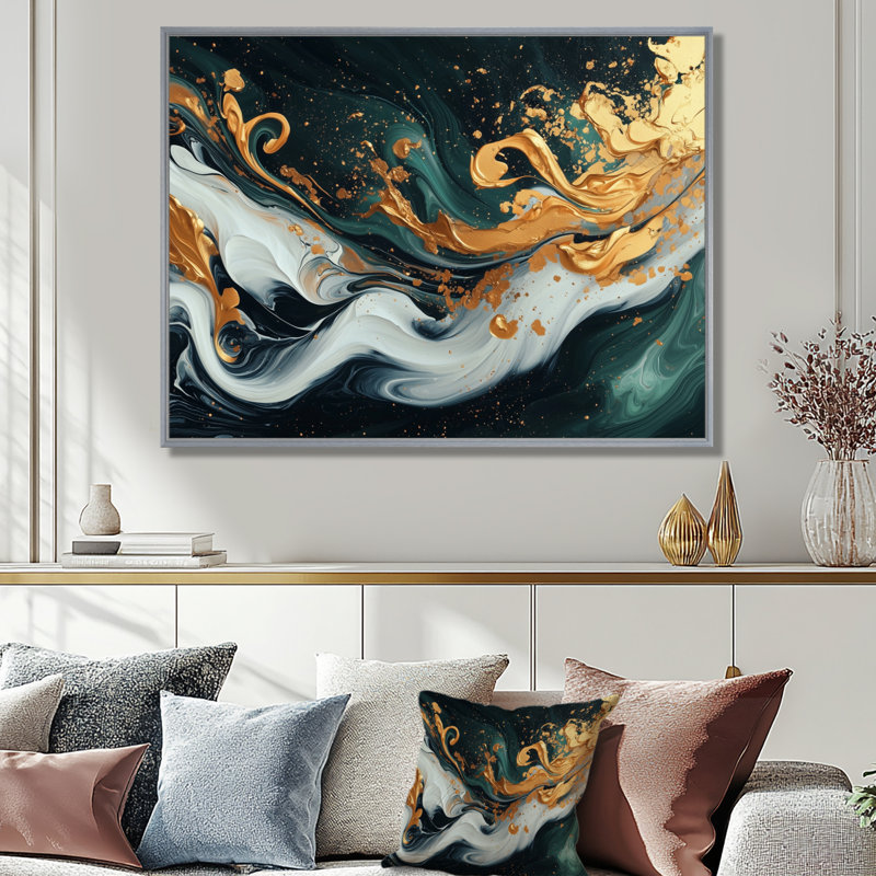 «Gold Green Temporal Fluidité III», art abstrait à l'encre liquide, Argent argent, H 16 po x l 32 po, Cadre flottant